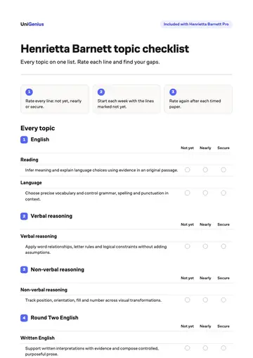 Page one of the Henrietta Barnett topic checklist
