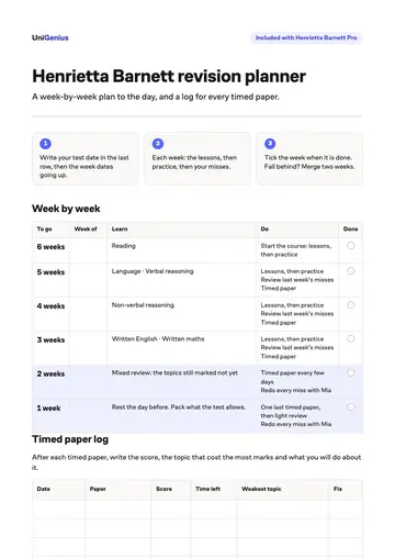 Page one of the Henrietta Barnett revision planner